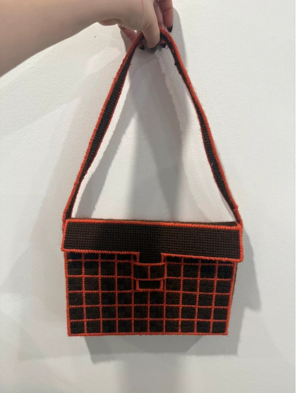 Vintage 70s Brown Orange Needlepoint Shoulder Bag